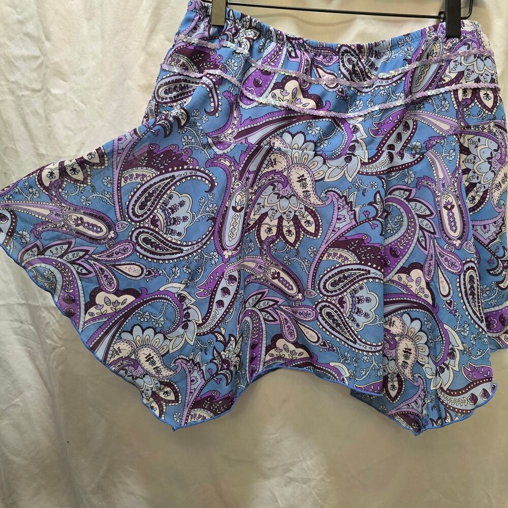 Y2K Limited Too blue purple paisley mini skirt sequin asymmetrical hem size 16.5 - Picture 3 of 13